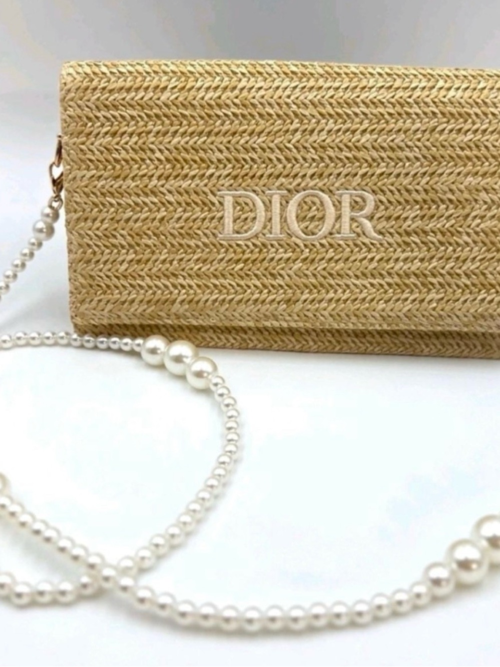 Dior Beige Straw Clutch with Pearl Strap